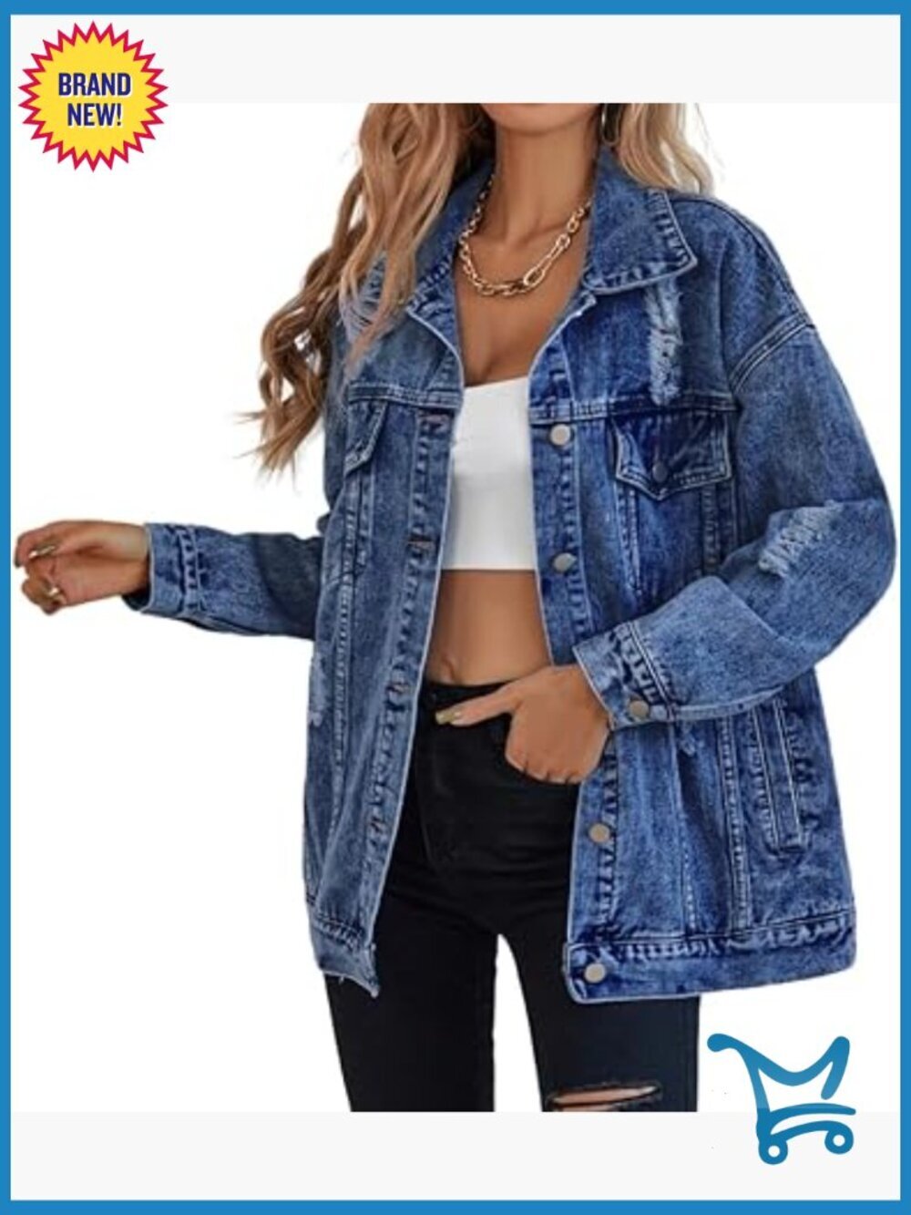 Oversize Ripped Denim Jacket Boyfriend Long Sleeve Trucker Coat Women